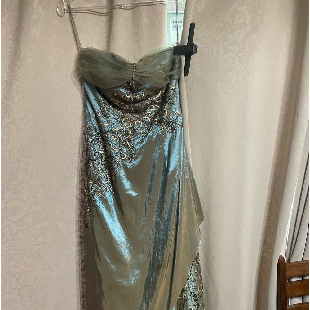 Formal size 12 dress. Translucent olive gray and gold with matching Shaw.